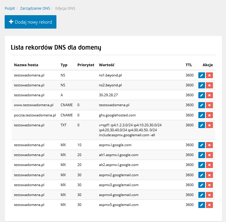 Zarządzanie rekordami DNS - lista rekordów DNS domeny