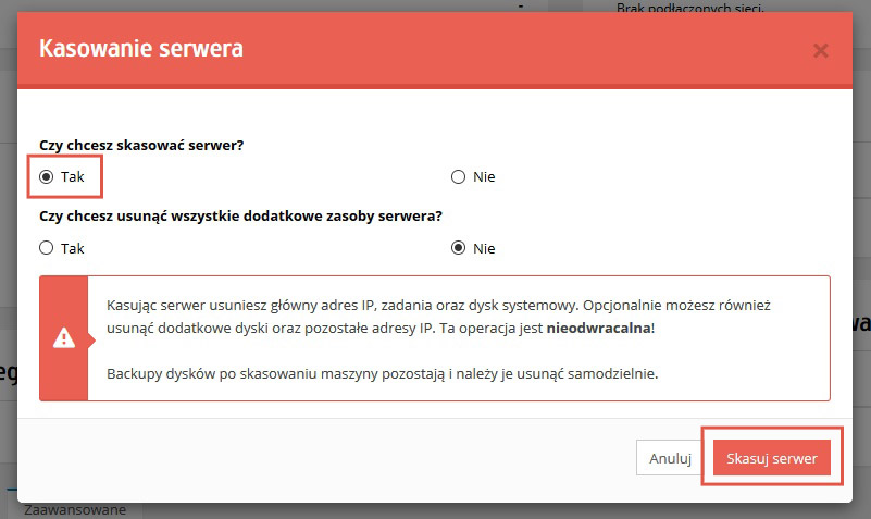 Kasowanie serwera
