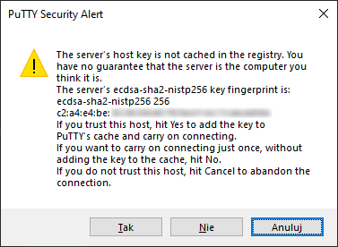 Putty pierwsze połączenie z serwerem, odcisk klucza maszyny