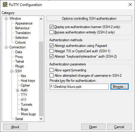 Putty uruchomienie programu i wskazanie klucza SSH