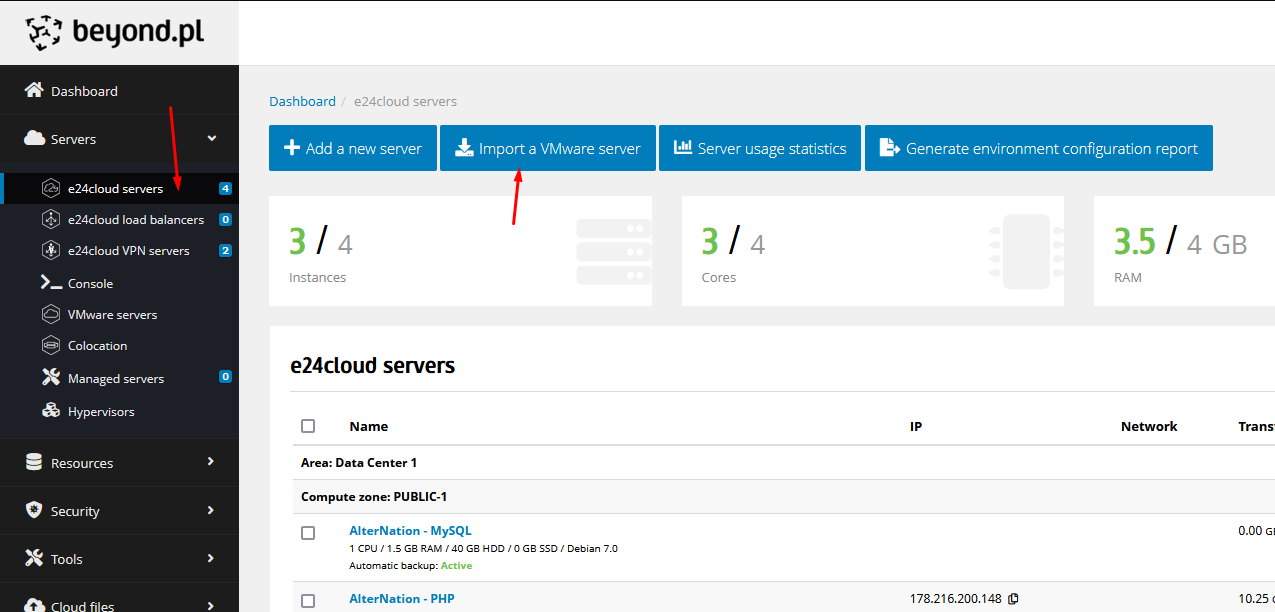 Importing VMware server to e24cloud