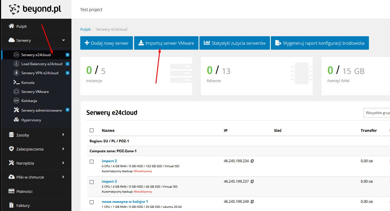 Importowanie serwera VMware do e24cloud