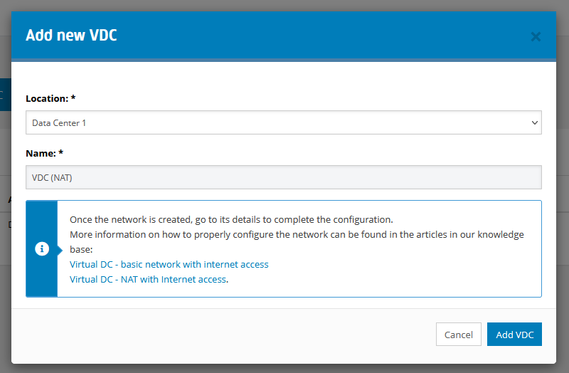 VDC network with internet access using NAT